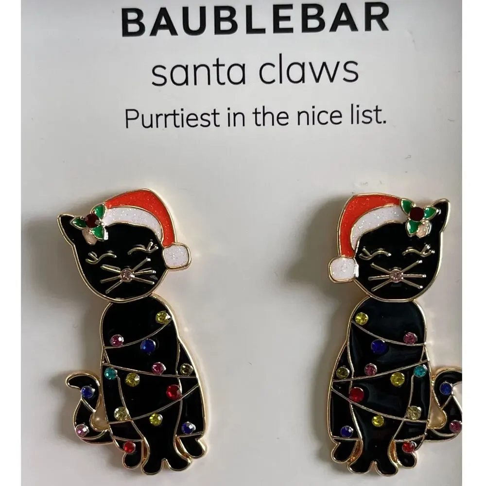 BaubleBar Santa Claws Christmas Xmas Black Cat Moveable Earrings New In Box